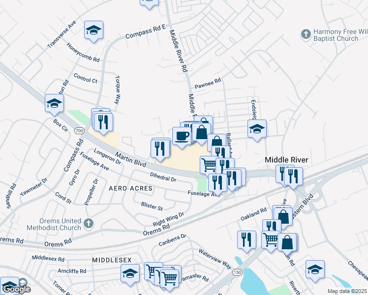 map of restaurants, bars, coffee shops, grocery stores, and more near 1330 Martin Boulevard in Middle River