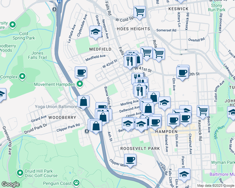 map of restaurants, bars, coffee shops, grocery stores, and more near 3924 Flamingo Place in Baltimore