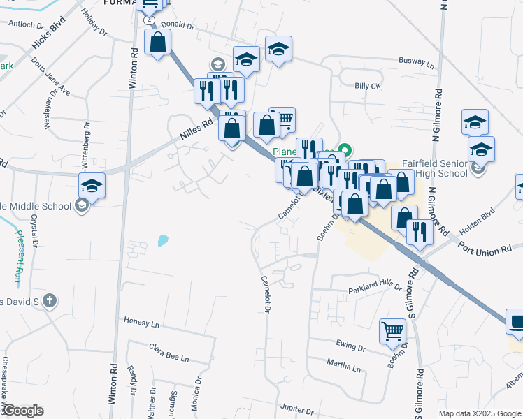 map of restaurants, bars, coffee shops, grocery stores, and more near 3 Camelot Circle in Fairfield