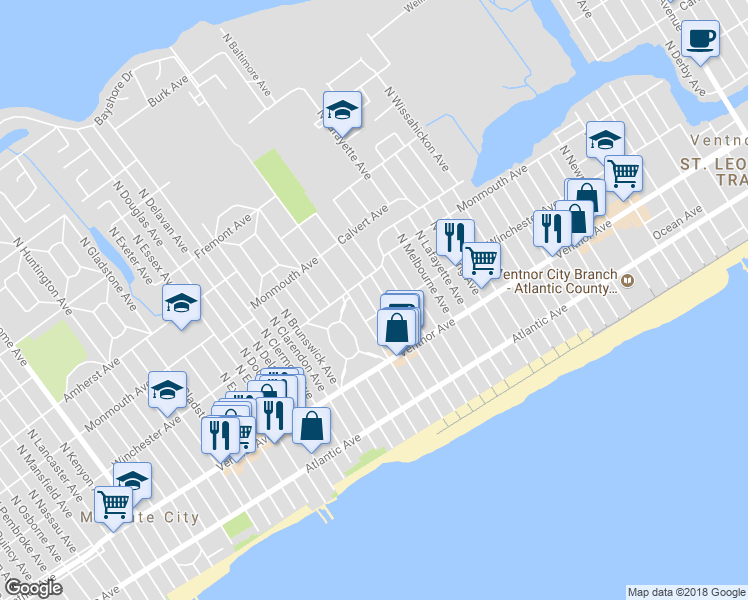 map of restaurants, bars, coffee shops, grocery stores, and more near 109 North Martindale Avenue in Ventnor City