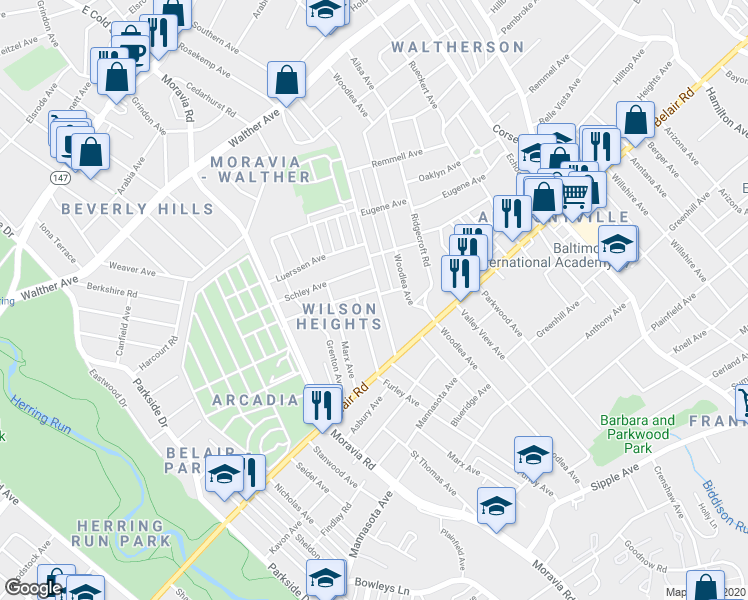 map of restaurants, bars, coffee shops, grocery stores, and more near 4103 Southern Avenue in Baltimore