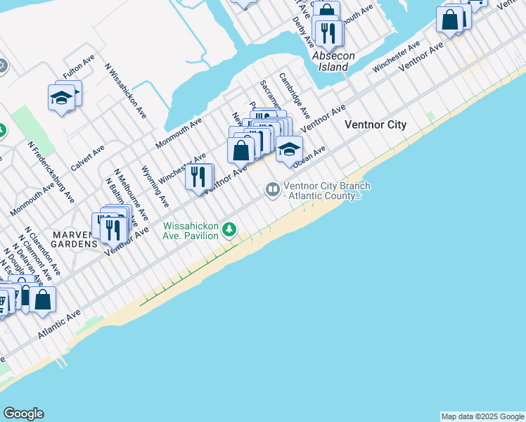 map of restaurants, bars, coffee shops, grocery stores, and more near 107 South Avolyn Avenue in Ventnor City