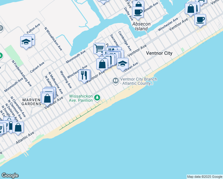 map of restaurants, bars, coffee shops, grocery stores, and more near 107 South Avolyn Avenue in Ventnor City