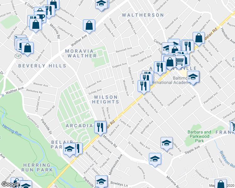 map of restaurants, bars, coffee shops, grocery stores, and more near 4105 Southern Avenue in Baltimore