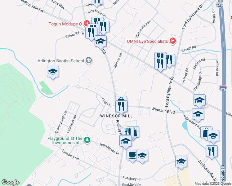 map of restaurants, bars, coffee shops, grocery stores, and more near 2913 North Rolling Road in Milford Mill