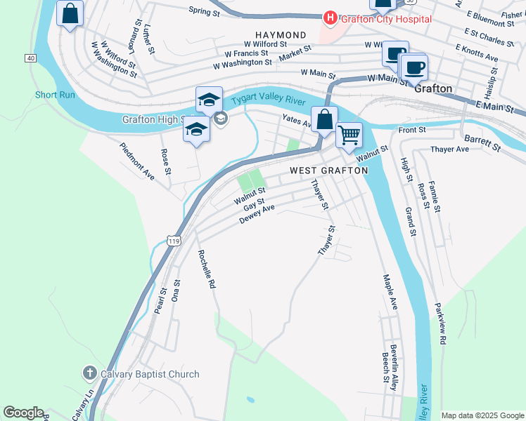 map of restaurants, bars, coffee shops, grocery stores, and more near 377 Warder Ave in Grafton