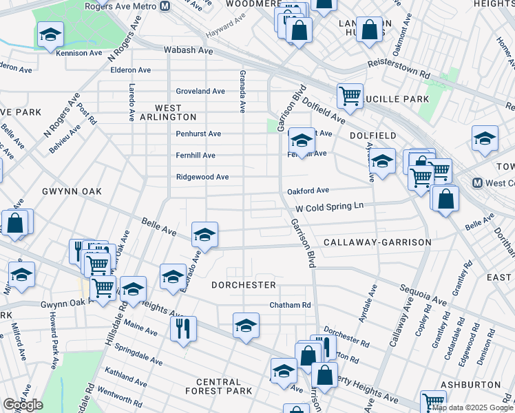 map of restaurants, bars, coffee shops, grocery stores, and more near 4040 West Cold Spring Lane in Baltimore