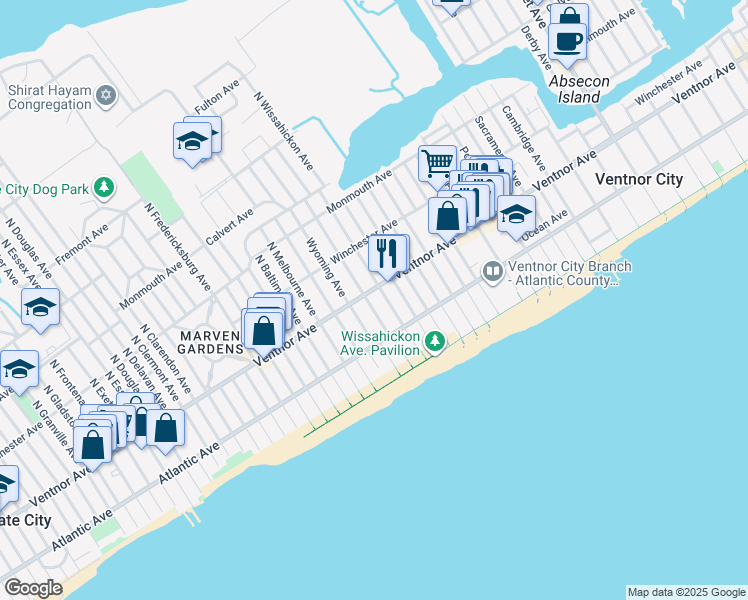 map of restaurants, bars, coffee shops, grocery stores, and more near 19 A South Rosborough Avenue in Ventnor City