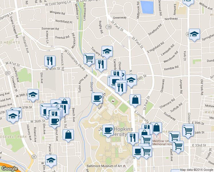 map of restaurants, bars, coffee shops, grocery stores, and more near 5114 North Charles Street in Baltimore