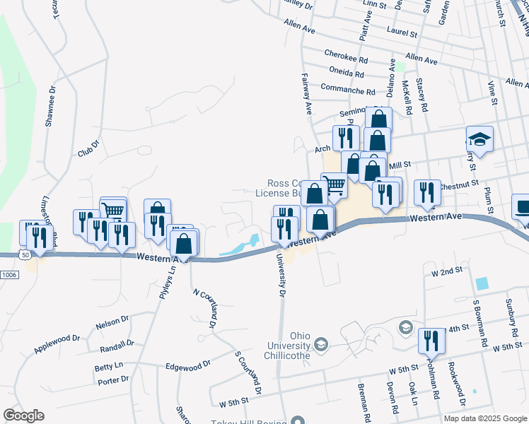 map of restaurants, bars, coffee shops, grocery stores, and more near 807 Western Avenue in Chillicothe
