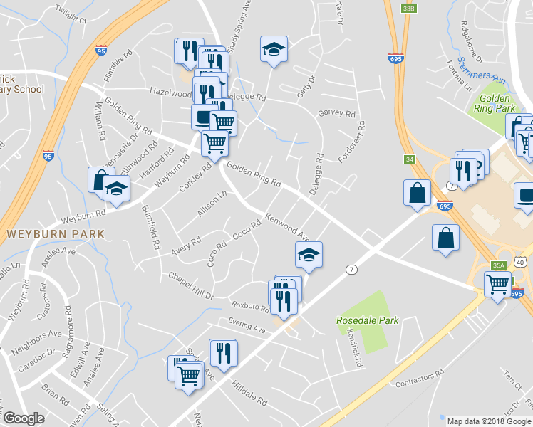 map of restaurants, bars, coffee shops, grocery stores, and more near 8509 Coco Road in Rosedale