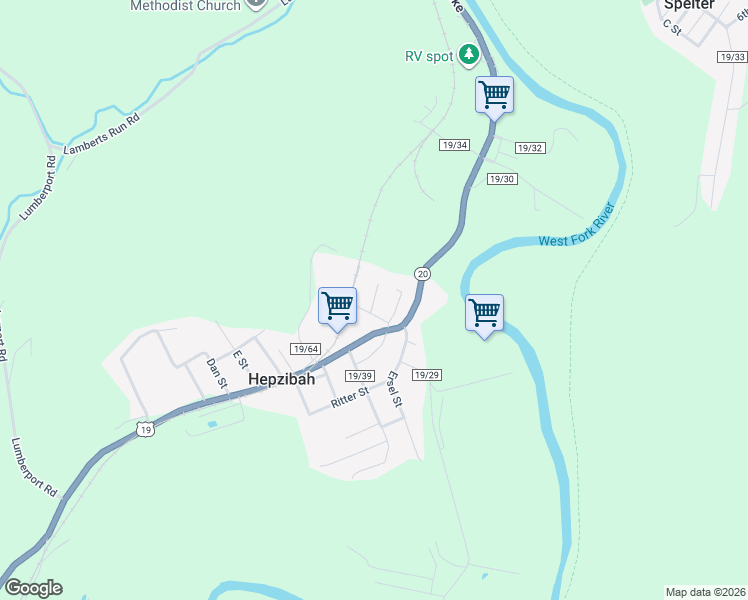 map of restaurants, bars, coffee shops, grocery stores, and more near 27 1st Street in Hepzibah