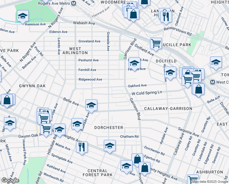map of restaurants, bars, coffee shops, grocery stores, and more near 4040 West Cold Spring Lane in Baltimore