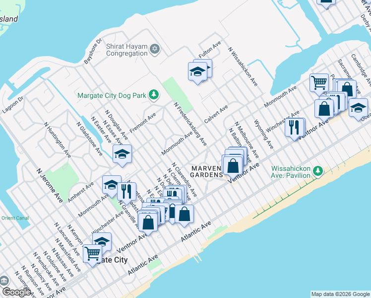 map of restaurants, bars, coffee shops, grocery stores, and more near 113 North Argyle Avenue in Margate City