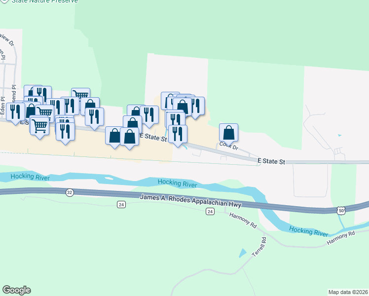 map of restaurants, bars, coffee shops, grocery stores, and more near 1188-1250 East State Street in Athens