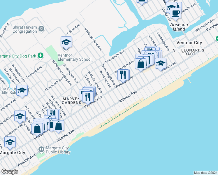 map of restaurants, bars, coffee shops, grocery stores, and more near 9 North Rosborough Avenue in Ventnor City