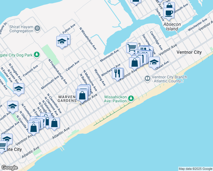 map of restaurants, bars, coffee shops, grocery stores, and more near 6929 Ventnor Avenue in Ventnor City