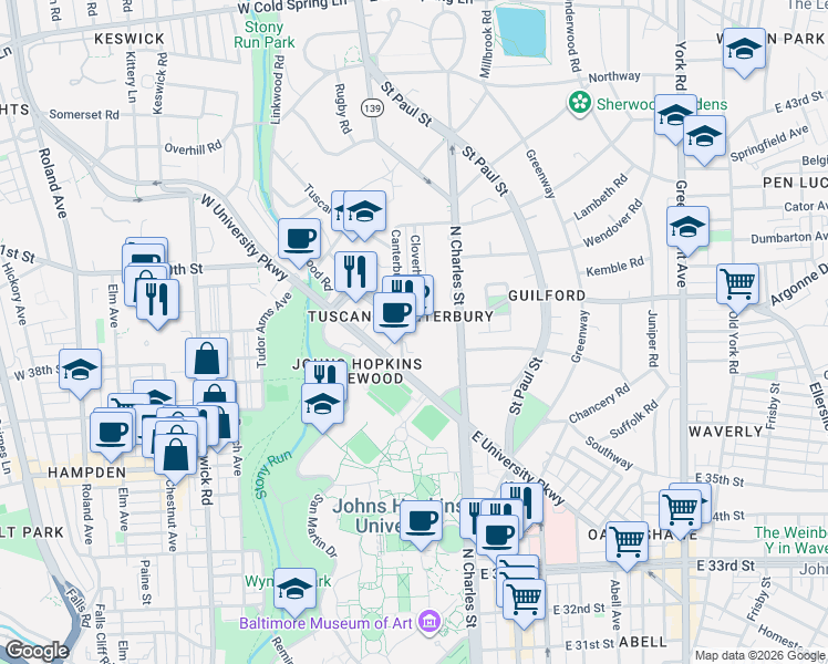 map of restaurants, bars, coffee shops, grocery stores, and more near 3811 Canterbury Road in Baltimore