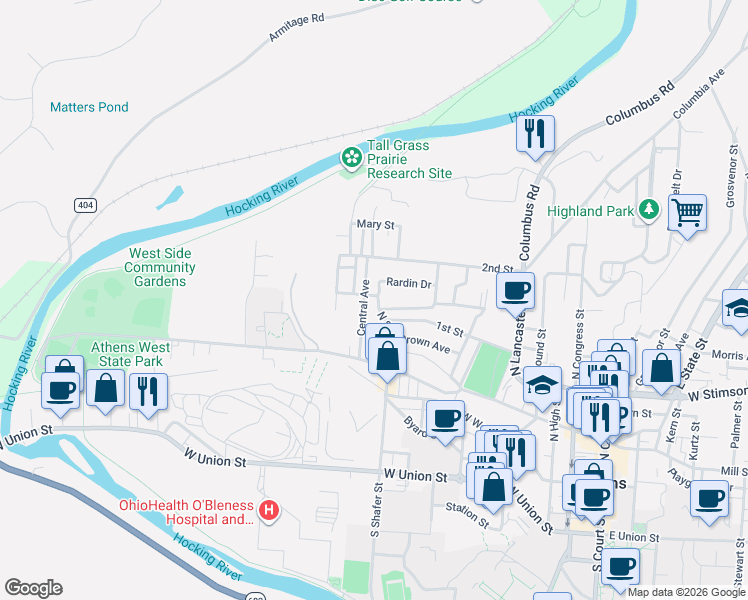 map of restaurants, bars, coffee shops, grocery stores, and more near 79 Central Avenue in Athens