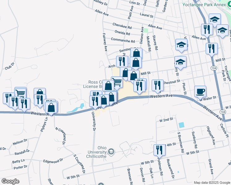 map of restaurants, bars, coffee shops, grocery stores, and more near 475 Western Avenue in Chillicothe