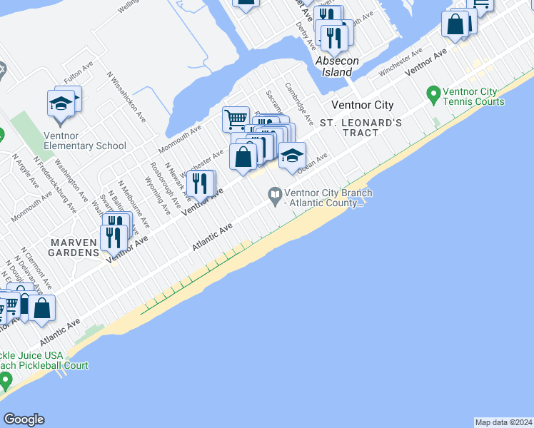 map of restaurants, bars, coffee shops, grocery stores, and more near 6500 Atlantic Avenue in Ventnor City