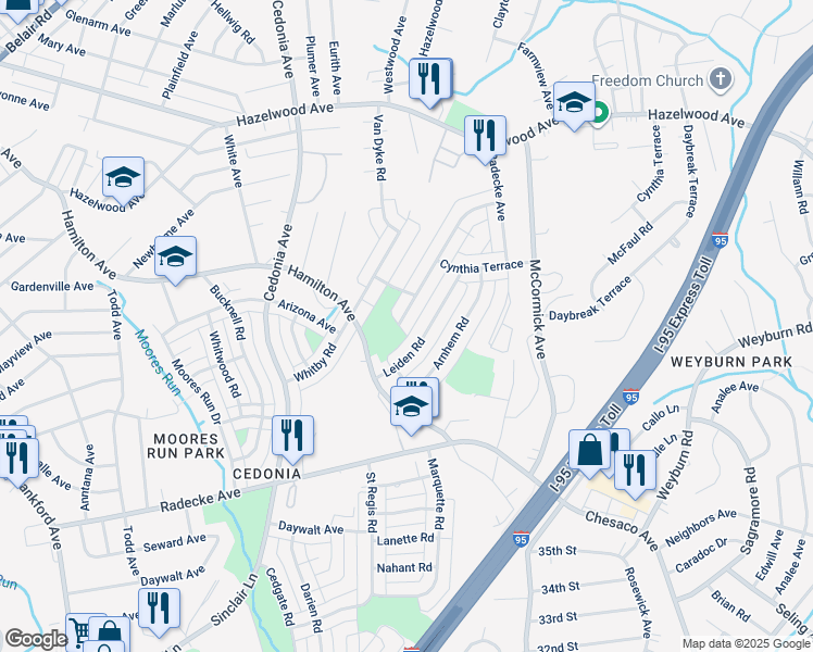 map of restaurants, bars, coffee shops, grocery stores, and more near 5631 Utrecht Road in Baltimore