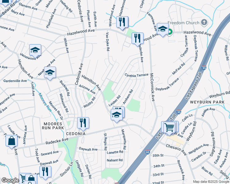 map of restaurants, bars, coffee shops, grocery stores, and more near 5631 Utrecht Road in Baltimore
