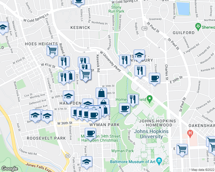 map of restaurants, bars, coffee shops, grocery stores, and more near Beech Ave & W 39th St in Baltimore
