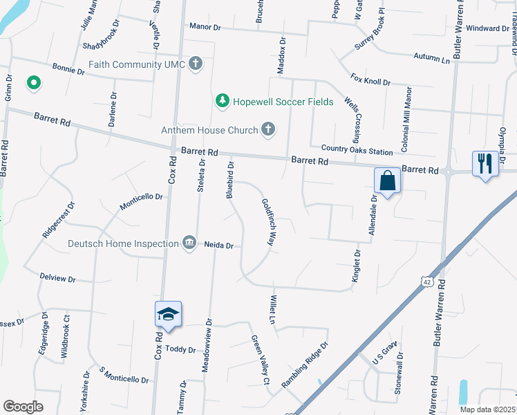 map of restaurants, bars, coffee shops, grocery stores, and more near 8483 Goldfinch Way in Butler County