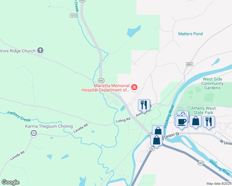 map of restaurants, bars, coffee shops, grocery stores, and more near 9302 Ohio 682 in Athens