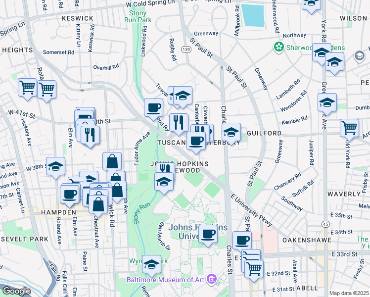 map of restaurants, bars, coffee shops, grocery stores, and more near 106 West University Parkway in Baltimore