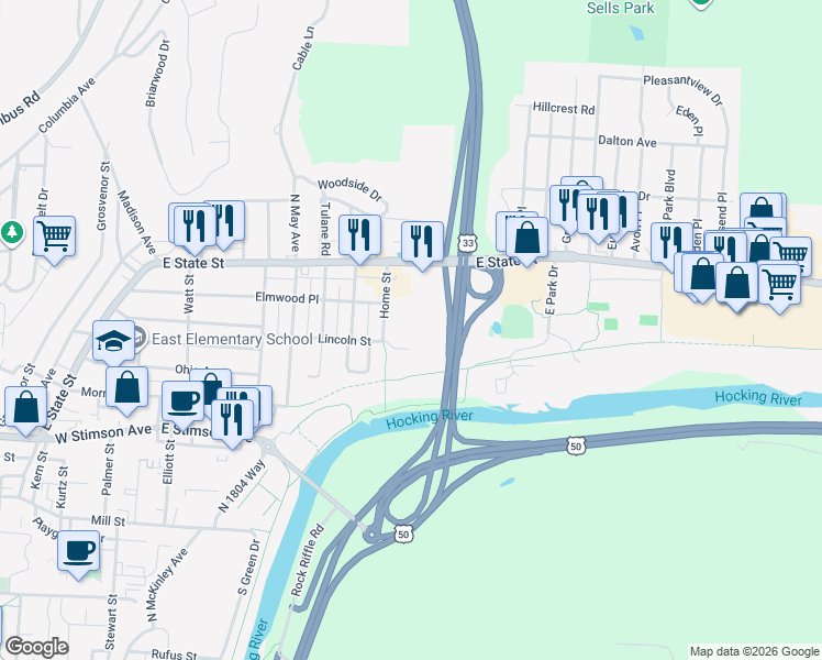 map of restaurants, bars, coffee shops, grocery stores, and more near 20 Home Street in Athens