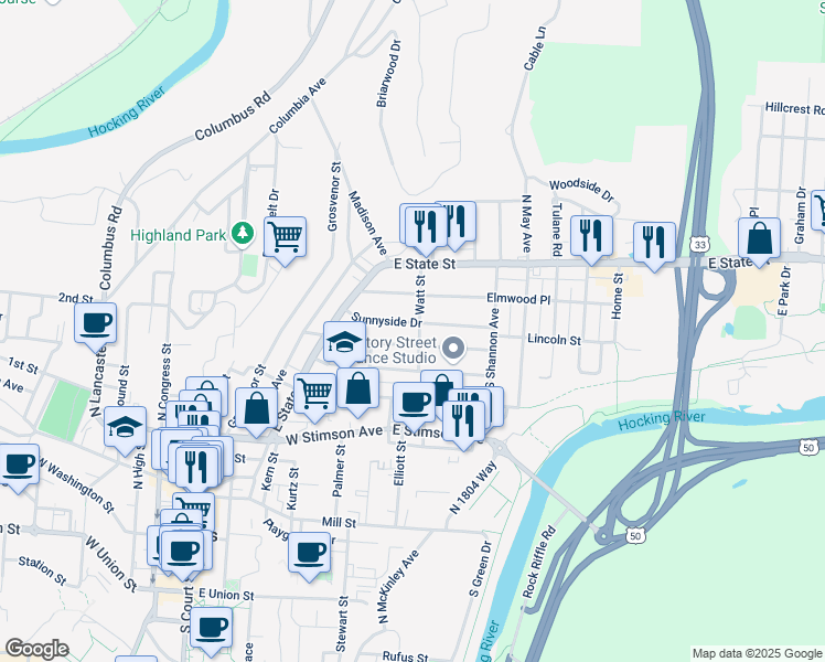 map of restaurants, bars, coffee shops, grocery stores, and more near 50 Sunnyside Drive in Athens
