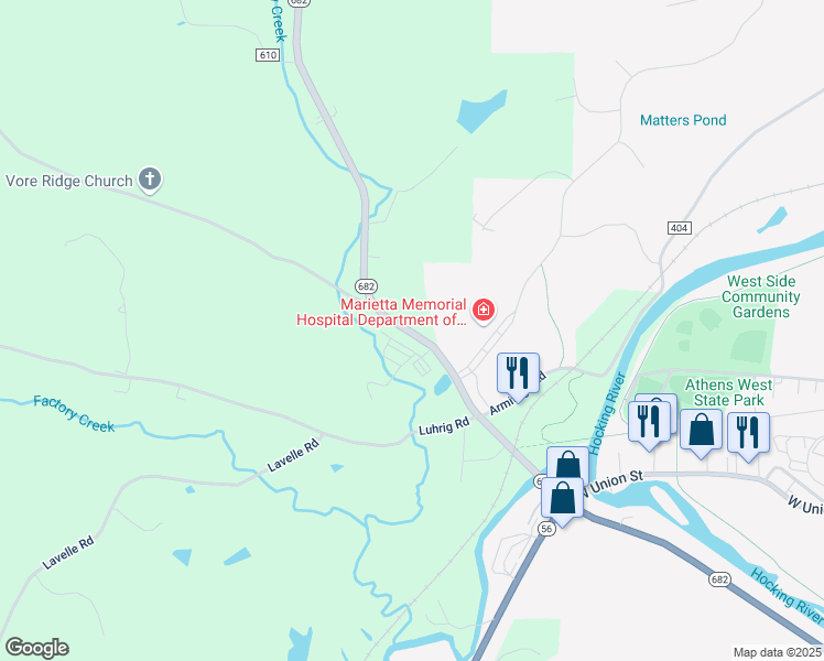 map of restaurants, bars, coffee shops, grocery stores, and more near 9318 Ohio 682 in Athens