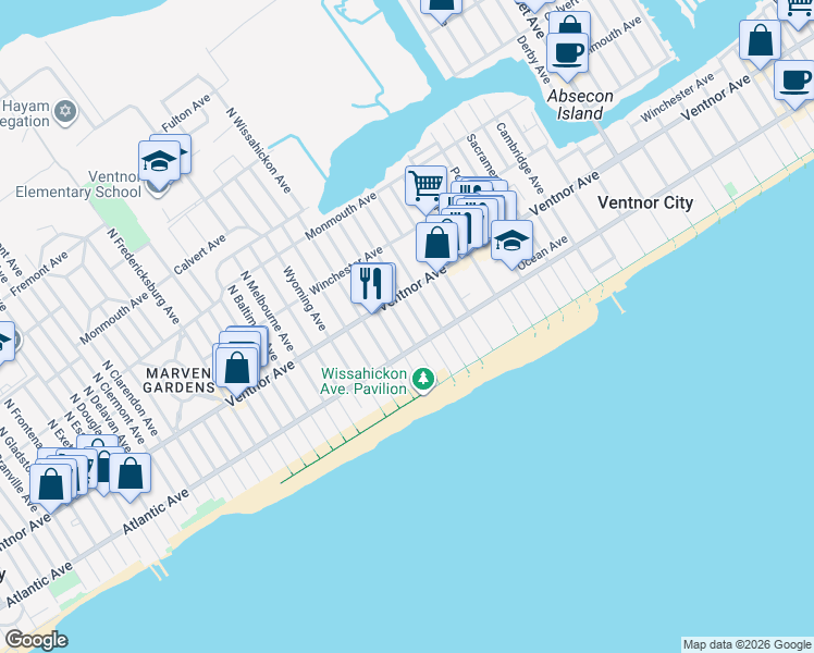map of restaurants, bars, coffee shops, grocery stores, and more near 5 South Richards Avenue in Ventnor City