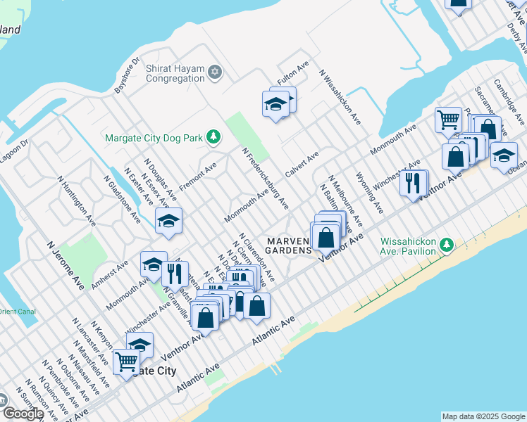 map of restaurants, bars, coffee shops, grocery stores, and more near 113 North Argyle Avenue in Margate City