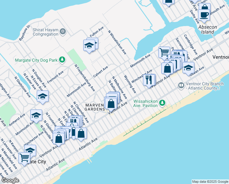 map of restaurants, bars, coffee shops, grocery stores, and more near 104 North Melbourne Avenue in Ventnor City