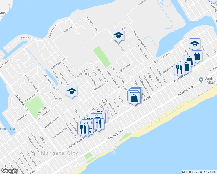 map of restaurants, bars, coffee shops, grocery stores, and more near 111 North Belmont Avenue in Margate City