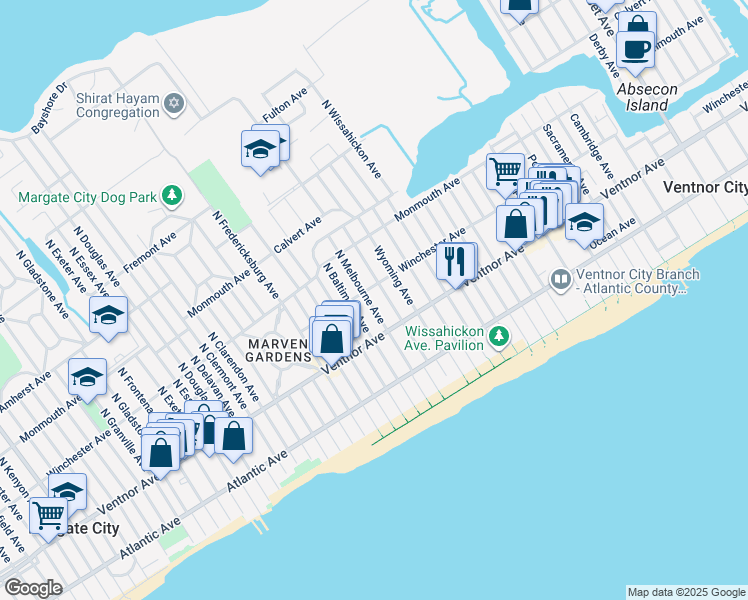 map of restaurants, bars, coffee shops, grocery stores, and more near 19 North Lafayette Avenue in Ventnor City