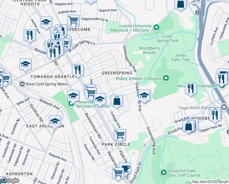map of restaurants, bars, coffee shops, grocery stores, and more near 2483 Shirley Avenue in Baltimore