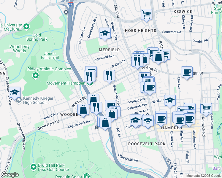 map of restaurants, bars, coffee shops, grocery stores, and more near 4000 Buena Vista Avenue in Baltimore