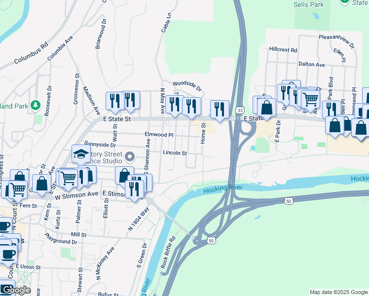 map of restaurants, bars, coffee shops, grocery stores, and more near 45 Lorene Avenue in Athens