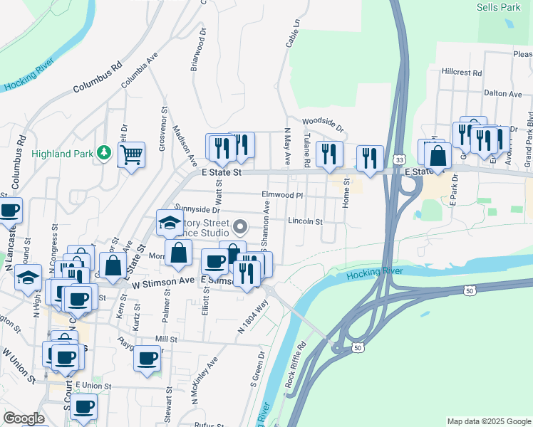 map of restaurants, bars, coffee shops, grocery stores, and more near 36 South Shannon Avenue in Athens