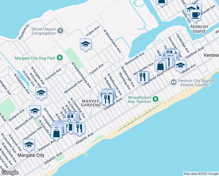 map of restaurants, bars, coffee shops, grocery stores, and more near 104 North Melbourne Avenue in Ventnor City