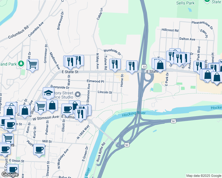 map of restaurants, bars, coffee shops, grocery stores, and more near 45 Lorene Avenue in Athens