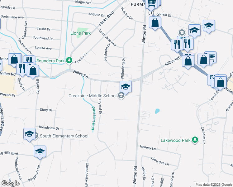 map of restaurants, bars, coffee shops, grocery stores, and more near 1111 Nilles Road in Fairfield