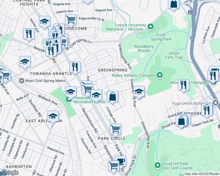 map of restaurants, bars, coffee shops, grocery stores, and more near 2483 Shirley Avenue in Baltimore