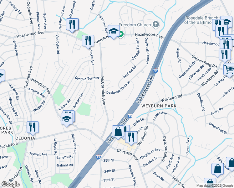 map of restaurants, bars, coffee shops, grocery stores, and more near 5513 Daybreak Terrace in Baltimore