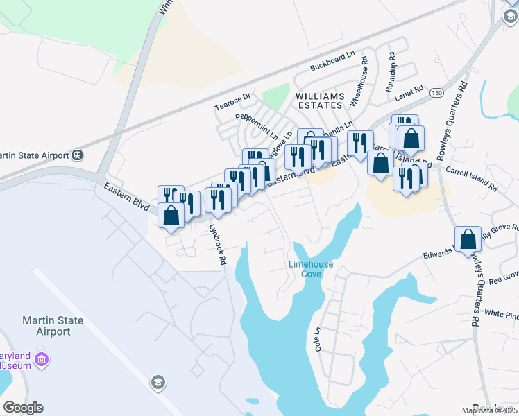 map of restaurants, bars, coffee shops, grocery stores, and more near 104 Sawgrass Court in Middle River