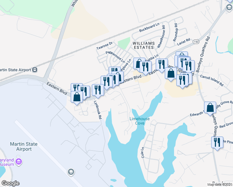 map of restaurants, bars, coffee shops, grocery stores, and more near 104 Sawgrass Court in Middle River